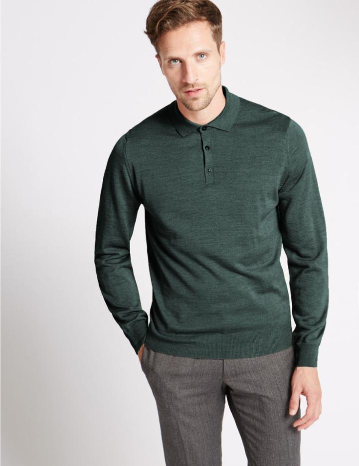 Marks & Spencer Merino Wool Blend Slim Fit Polo Shirt Green Marl