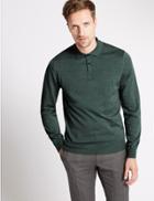 Marks & Spencer Merino Wool Blend Slim Fit Polo Shirt Green Marl