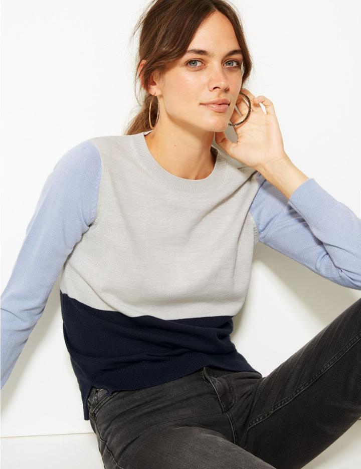 Marks & Spencer Cashmilon&trade; Colour Block Round Neck Jumper Blue Mix