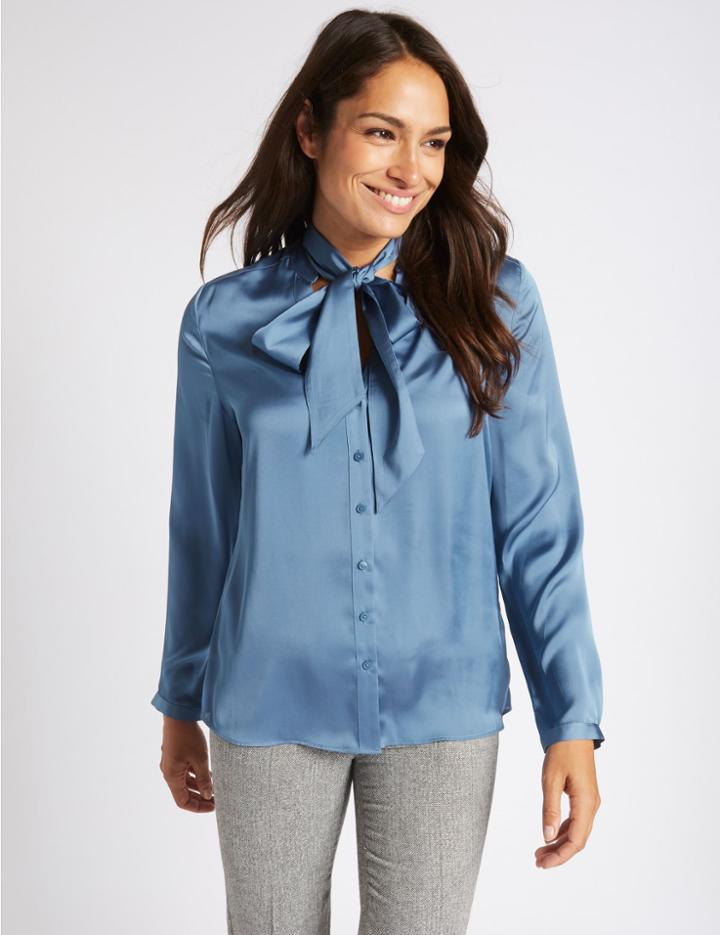 Marks & Spencer Satin Notch Neck Long Sleeve Shirt Blue