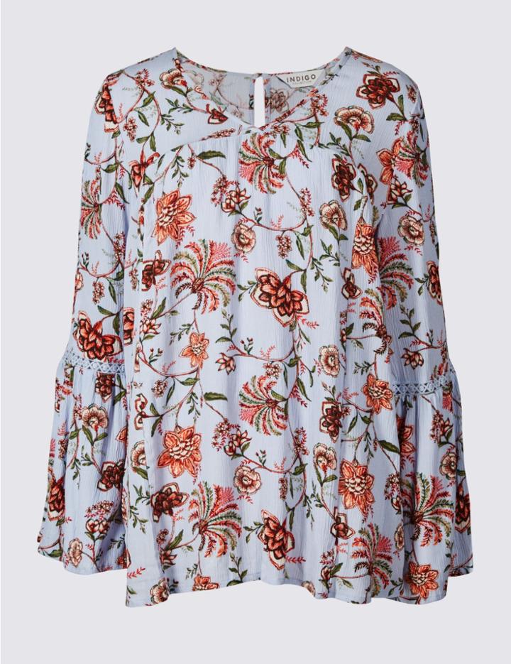 Marks & Spencer Floral Print Cold Shoulder V-neck Blouse Blue Mix