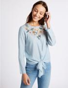 Marks & Spencer Striped Embroidered Tie Front Blouse Blue Mix