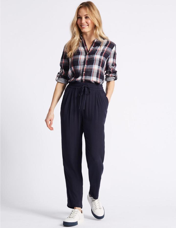 Marks & Spencer Tapered Leg Peg Trousers Navy