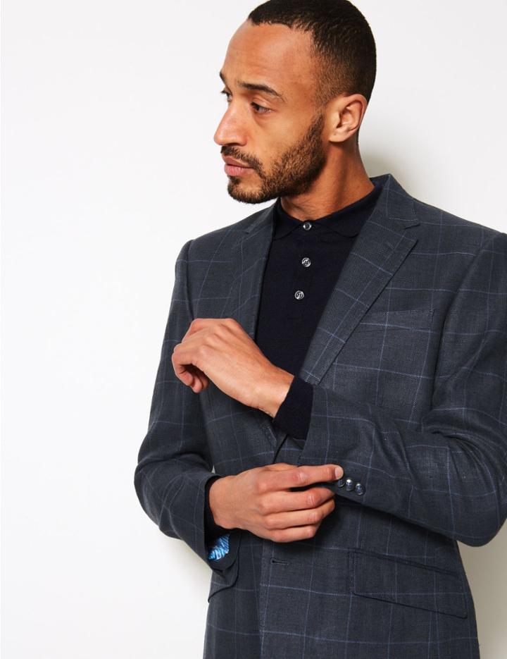 Marks & Spencer Navy Pure Linen Checked Regular Fit Jacket Navy