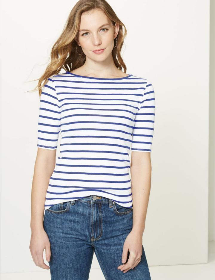 Marks & Spencer Pure Cotton Striped Regular Fit T-shirt Navy Mix
