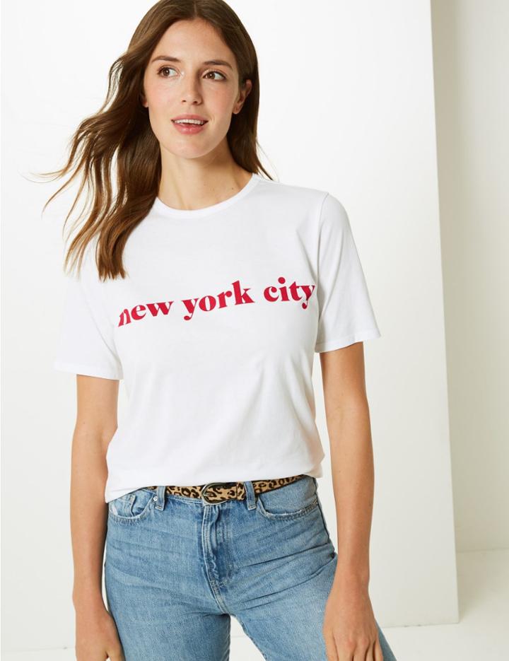 Marks & Spencer Pure Cotton Nyc Straight Fit T-shirt White Mix