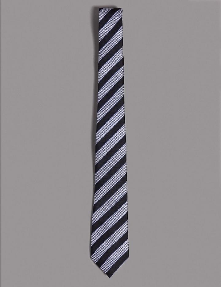 Marks & Spencer Pure Silk Striped Tie Bright Blue Mix