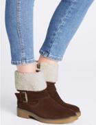 Marks & Spencer Wide Fit Suede Block Heel Fur Ankle Boots Dark Tan