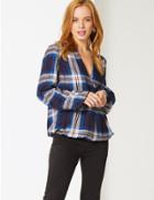 Marks & Spencer Petite Checked Notch Neck Long Sleeve Blouse Navy Mix