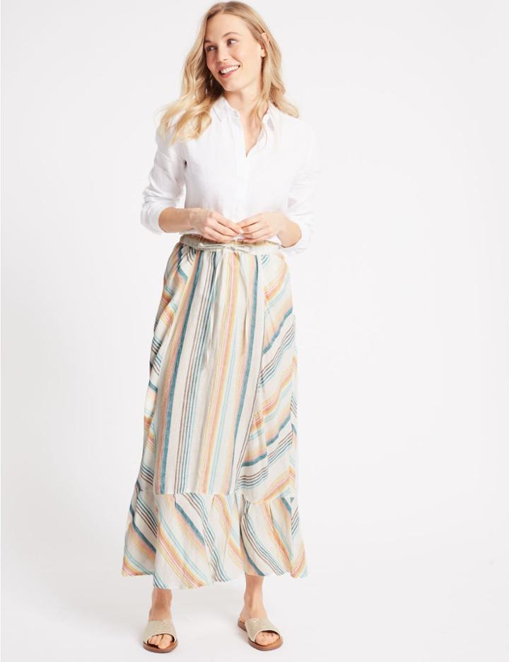 Marks & Spencer Pure Linen Striped Cut About Full Maxi Skirt Ivory Mix
