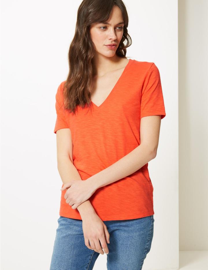 Marks & Spencer Cotton Rich V-neck Straight Fit Slub T-shirt Mango