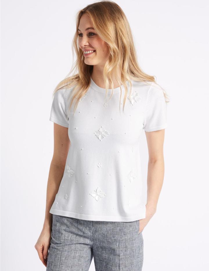 Marks & Spencer Floral Embellished Short Sleeve Top Soft White