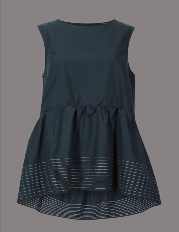 Marks & Spencer Pure Cotton Peplum Round Neck Blouse Navy Mix
