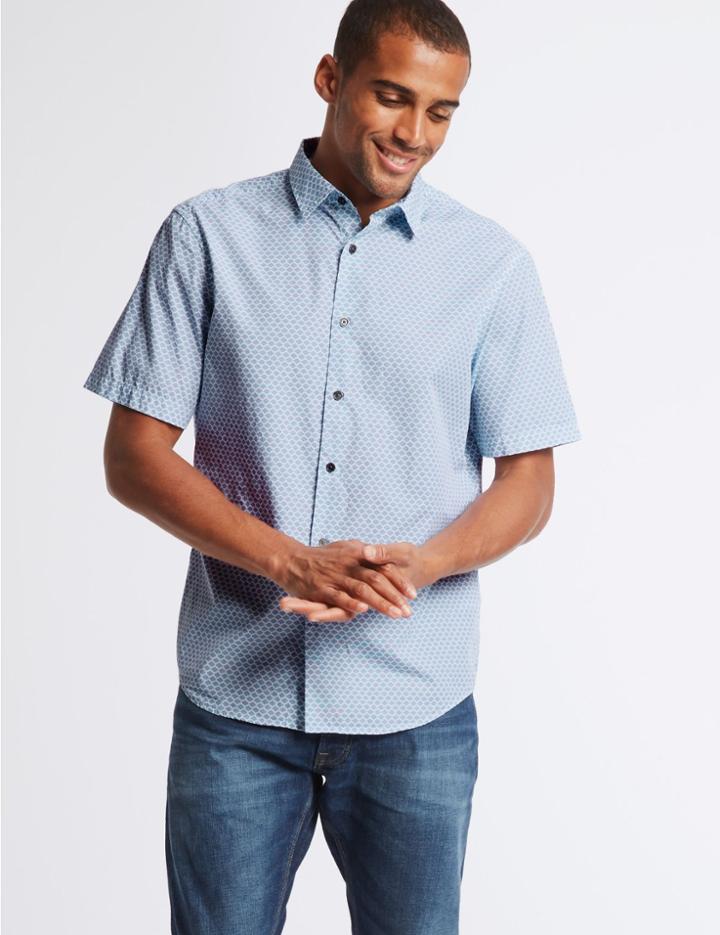 Marks & Spencer Pure Cotton Geometric Print Shirt Ice Blue
