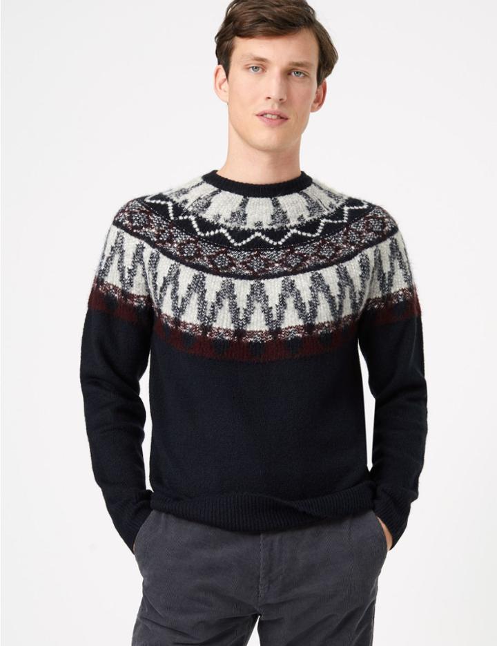 Marks & Spencer Fairisle Print Crew Neck Jumper Dark Navy