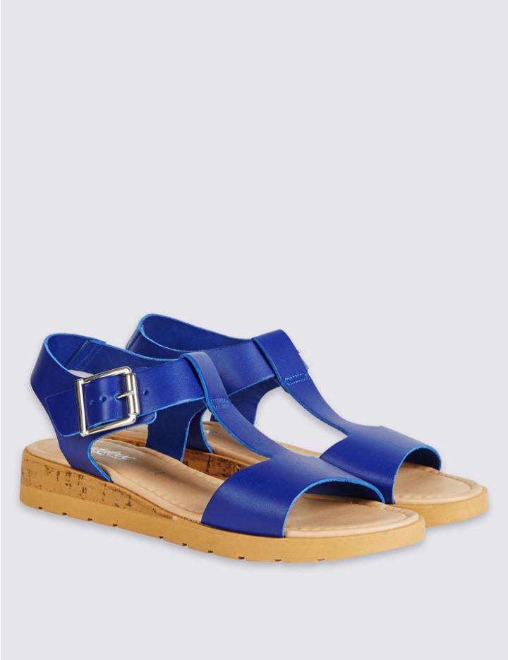 Marks & Spencer Wide Fit Leather Wedge Sandals Cobalt