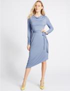 Marks & Spencer Cowl Drape Long Sleeve Bodycon Midi Dress Blue