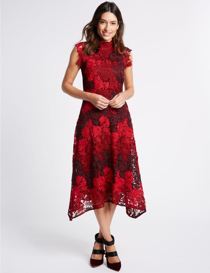 Marks & Spencer Lace Bodycon Midi Dress Magenta Mix