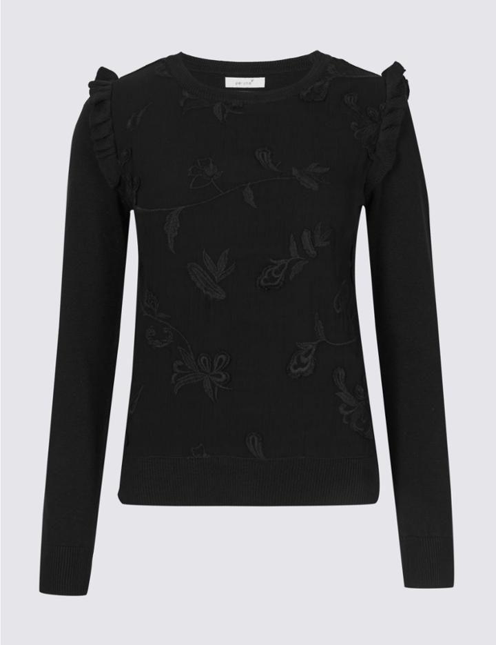 Marks & Spencer Pure Cotton Embroidered Chiffon Front Jumper Black