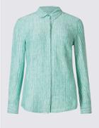 Marks & Spencer Petite Pure Linen Striped Long Sleeve Shirt Green Mix