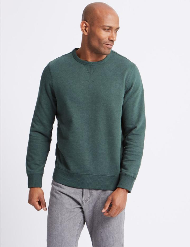 Marks & Spencer Cotton Rich Crew Neck Regular Fit Sweat Forest Green
