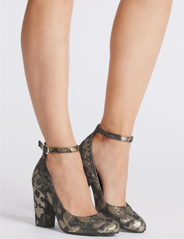 Marks & Spencer Block Heel Embroidered Court Shoes Gold