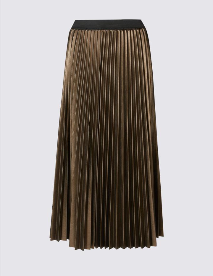 Marks & Spencer Pleated Midi Skirt Gold/bronze