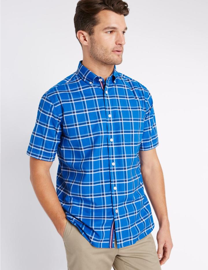 Marks & Spencer Checked Oxford Shirt With Pocket Blue
