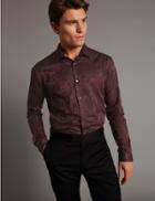 Marks & Spencer Pure Cotton Slim Fit Printed Shirt Burgundy Mix