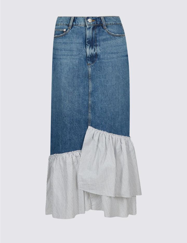 Marks & Spencer Pure Cotton Striped Frill Denim Midi Skirt Medium Blue