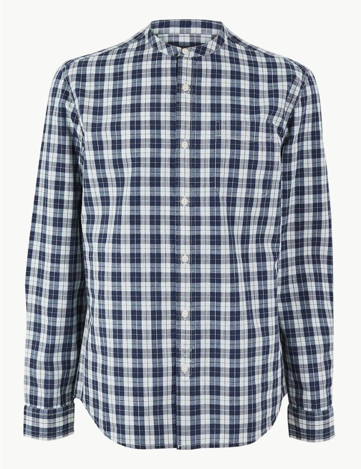 Marks & Spencer Pure Cotton Grandad Shirt Light Indigo Mix