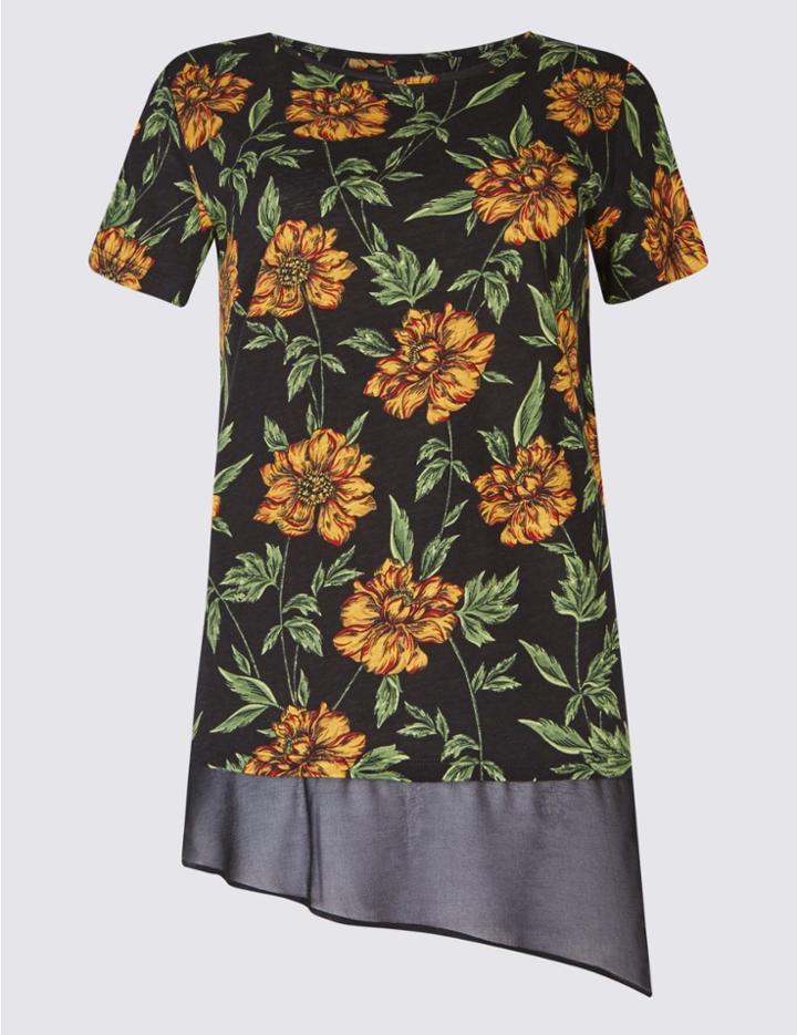 Marks & Spencer Cotton Blend Floral Print T-shirt Red Mix