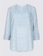 Marks & Spencer Linen Blend Striped Long Sleeve Blouse Blue Mix
