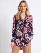 Marks & Spencer Floral Print Longline Long Sleeve Shell Top Navy Mix