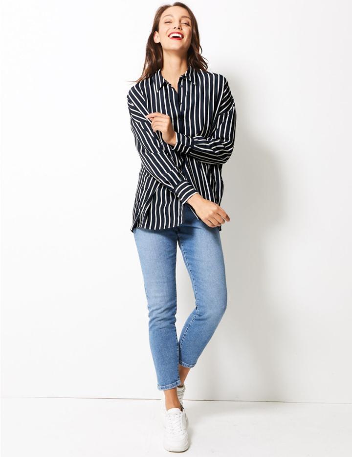 Marks & Spencer Striped Oversized Long Sleeve Shirt Navy Mix