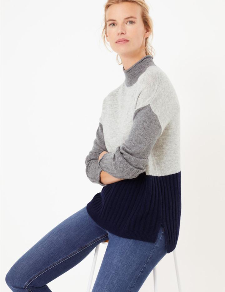 Marks & Spencer Colour Block Funnel Neck Relaxed Fit Jumper Grey Mix