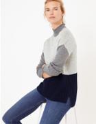 Marks & Spencer Colour Block Funnel Neck Relaxed Fit Jumper Grey Mix