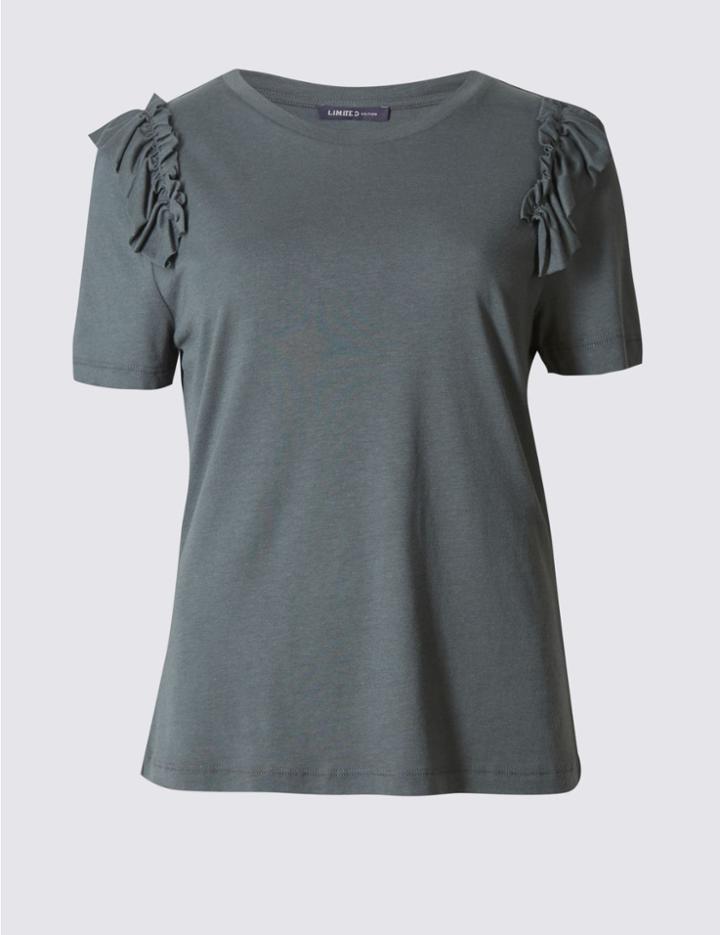 Marks & Spencer Cotton Blend Ruffle Short Sleeve T-shirt Charcoal