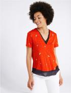 Marks & Spencer Floral Print V-neck Short Sleeve T-shirt Orange Mix