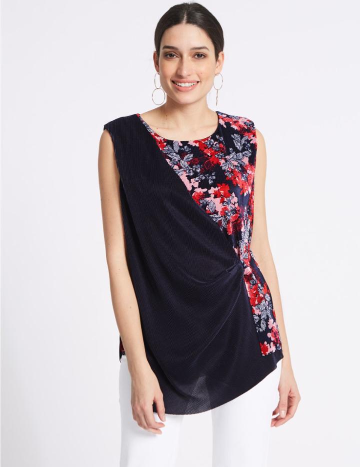 Marks & Spencer Plisse Print Round Neck Vest Top Navy Mix