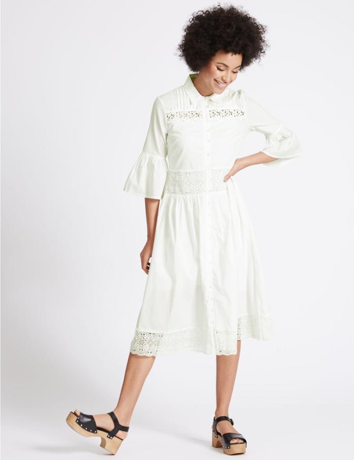 Marks & Spencer Pure Cotton Lace Trim Shirt Dress Ivory