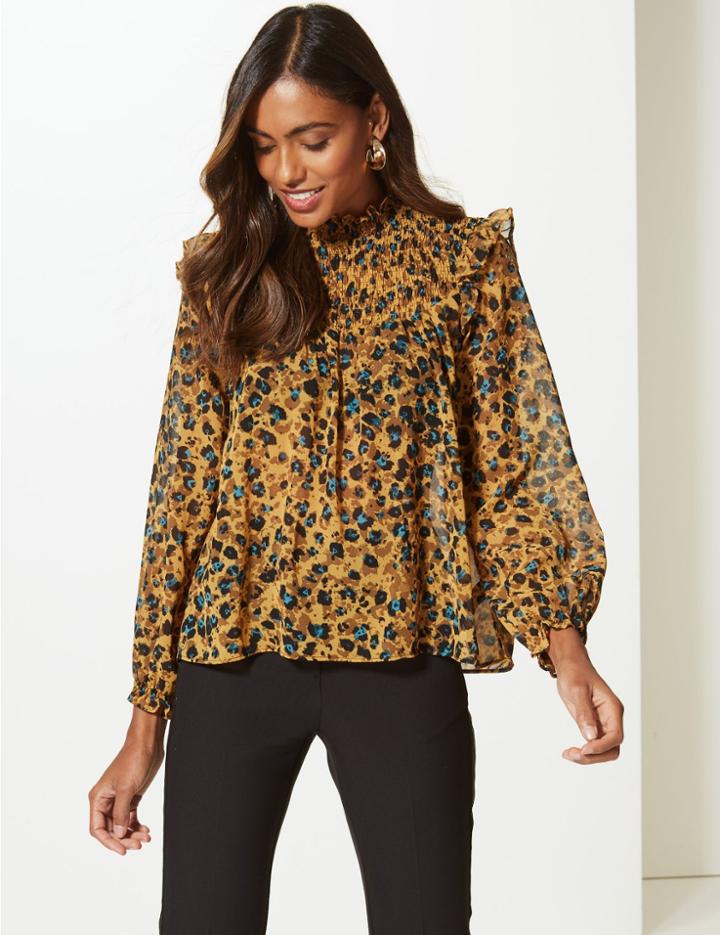 Marks & Spencer Animal Print Round Neck Long Sleeve Blouse Yellow Mix