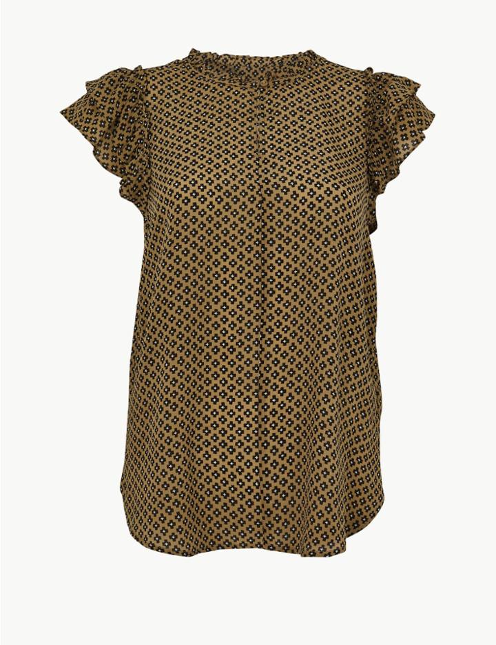 Marks & Spencer Pure Silk Printed Ruffle Sleeve Blouse Khaki Mix