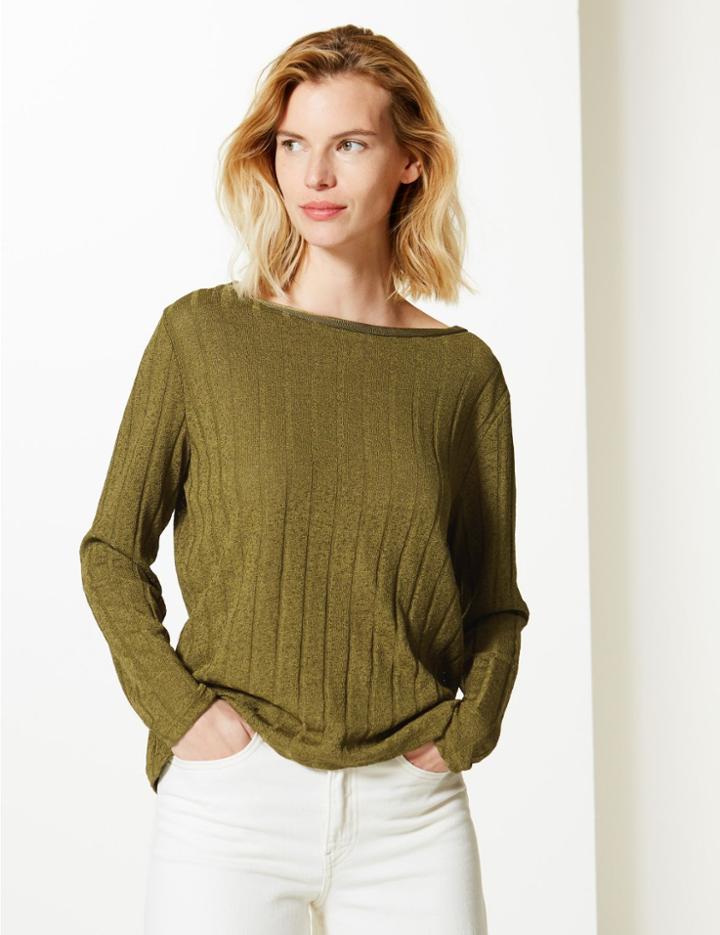 Marks & Spencer Ribbed Regular Fit Open Knit T-shirt Khaki