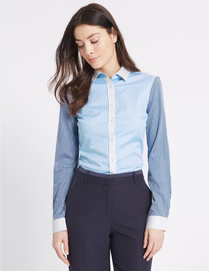 Marks & Spencer Cotton Rich Striped Long Sleeve Shirt Blue Mix