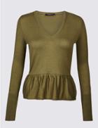 Marks & Spencer Cotton Blend Textured V-neck Peplum Jumper Khaki/olive