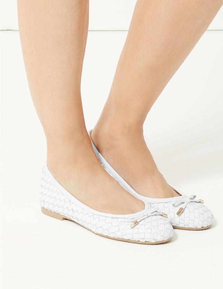 Marks & Spencer Wide Fit Leather Weave Ballet Pumps White