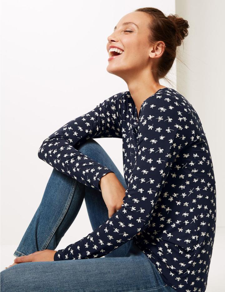 Marks & Spencer Floral Print Square Neck Long Sleeve Top Navy Mix