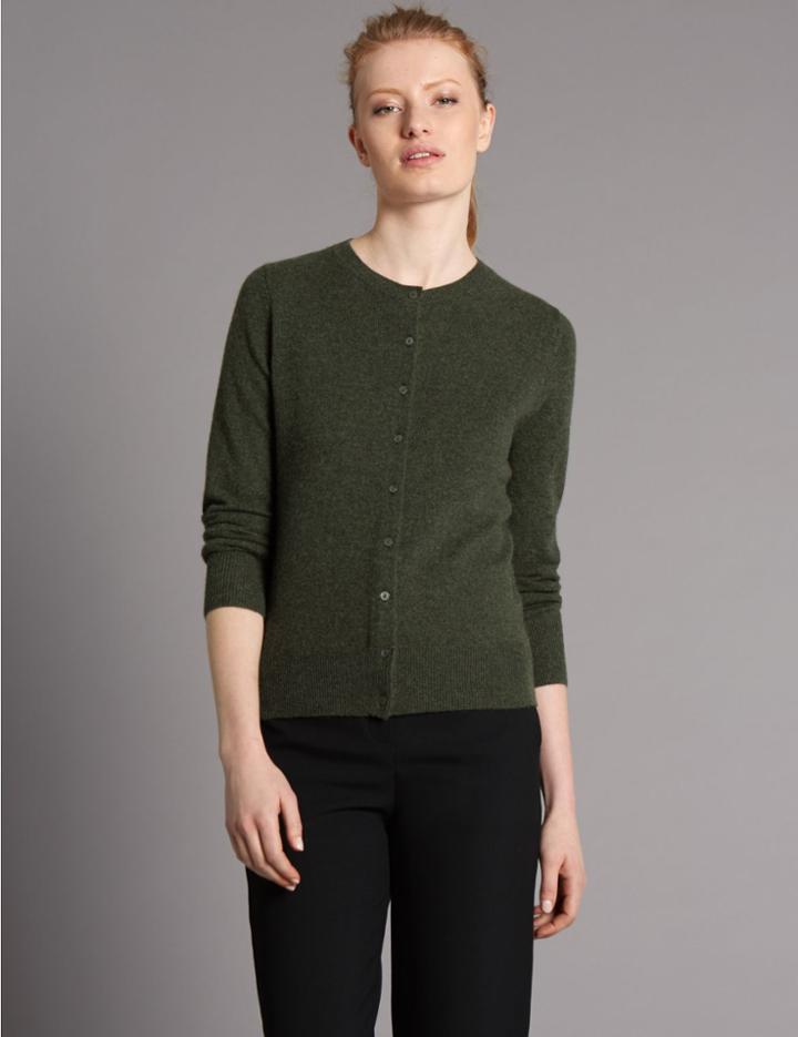 Marks & Spencer Pure Cashmere Crew Neck Cardigan Sage