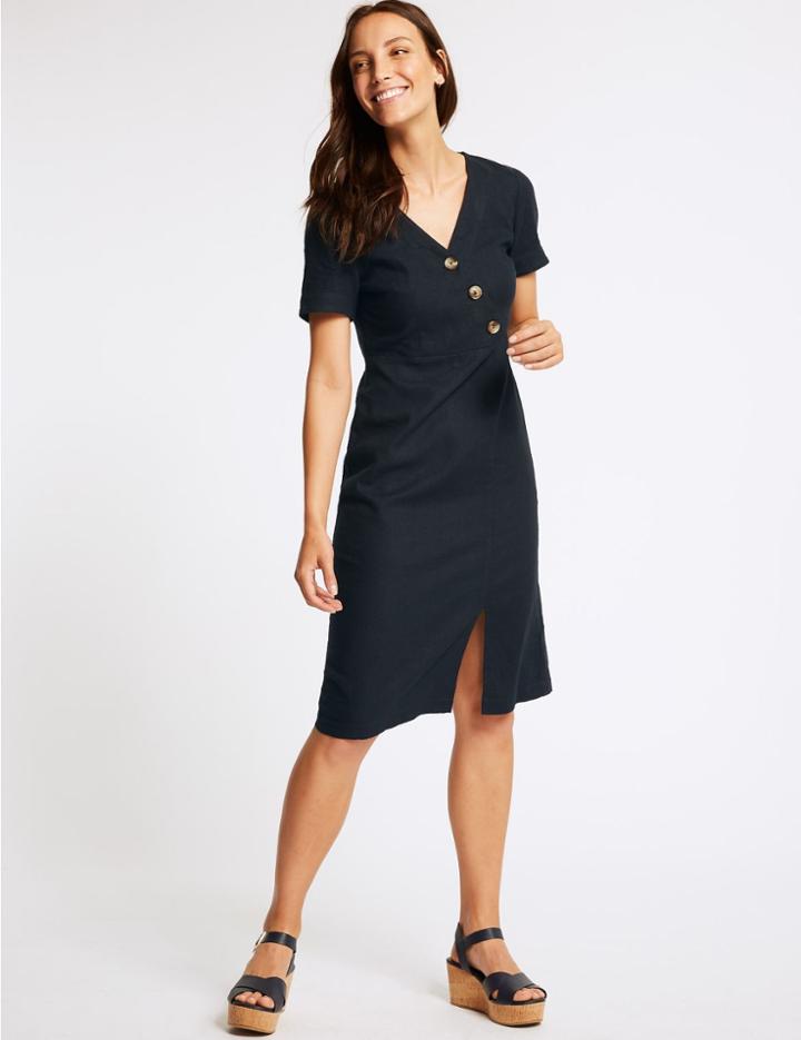 Marks & Spencer Linen Rich Short Sleeve Shift Midi Dress Navy